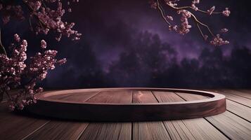 Wooden Circle podium With a Purple Flower. . photo