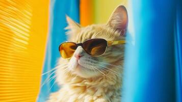 Cat Wearing Sunglasses Sitting on Chair. . photo