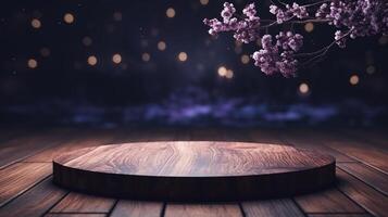 Wooden Circle podium With a Purple Flower. . photo