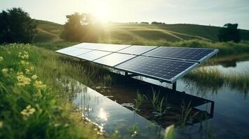 Solar Panel Resting on Body of Water. . photo