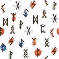 Hand drawn runic letters seamless pattern with elemental symbols. Magic signs and symbols of Scandinavian culture vector