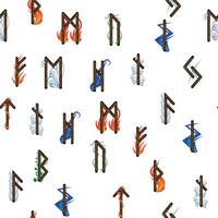 Hand drawn runic letters seamless pattern with elemental symbols. Magic signs and symbols of Scandinavian culture vector