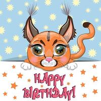 contento cumpleaños tarjetas con animales linda héroe con hermosa ojos vector