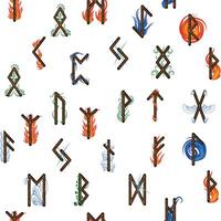 Hand drawn runic letters seamless pattern with elemental symbols. Magic signs and symbols of Scandinavian culture vector