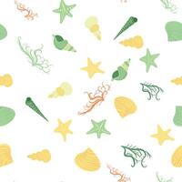 Seamless pattern with starfish, corals, pearls and seashells. background with marine theme. vector