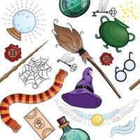 Magic items seamless pattern in flat style. School of Magic. vector