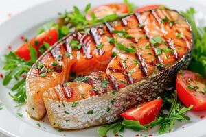 Grilled salmon steak with fresh vegetables. Healthy food. . photo