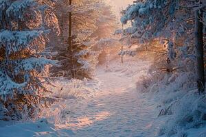 A wintery landscape with a forest path. . photo