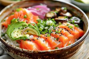 Bowl with salmon, avocado and other ingredients. Healthy food. . photo