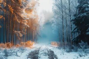 A wintery landscape with a forest path. . photo