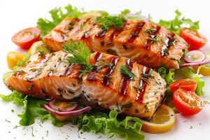 Grilled salmon steak with fresh vegetables. Healthy food. . photo