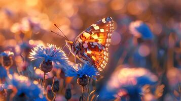 verano prado con floreciente flores, hierbas y mariposas foto