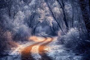 A wintery landscape with a forest path. . photo