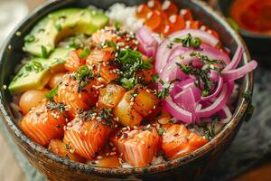 Bowl with salmon, avocado and other ingredients. Healthy food. photo