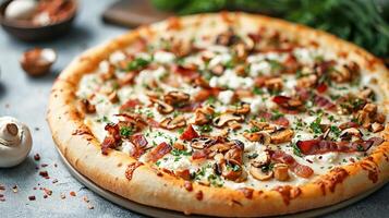 Pizza with wild mushrooms, bacon, cream cheese and stracciatella. . photo