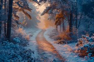 A wintery landscape with a forest path. . photo