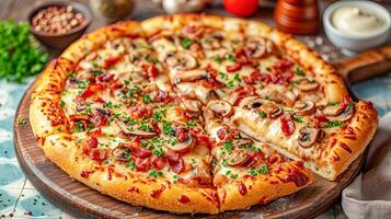 Pizza with wild mushrooms, bacon, cream cheese and stracciatella. . photo