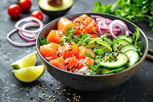 Bowl with salmon, avocado and other ingredients. Healthy food. . photo