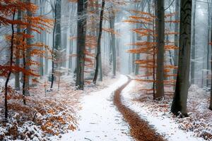 A wintery landscape with a forest path. . photo