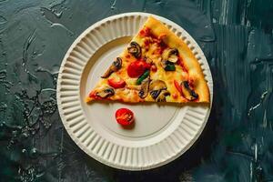 Top view of a slice of pizza with mushrooms on a paper plate. . photo