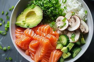 Bowl with salmon, avocado and other ingredients. Healthy food. photo