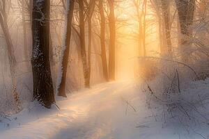 A wintery landscape with a forest path. . photo