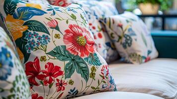 acogedor sofá cojines con floral motivos foto