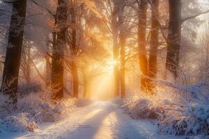 A wintery landscape with a forest path. . photo