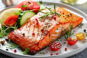 Grilled salmon steak with fresh vegetables. Healthy food. . photo