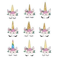 Cute unicorn with floral wreath and gold glitter horn. hand drawn illustration vector