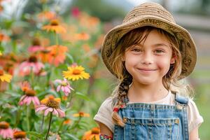 Happy girl in overalls and hat doing gardening in a garden. photo