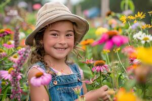 contento niña en mono y sombrero haciendo jardinería en un jardín. foto