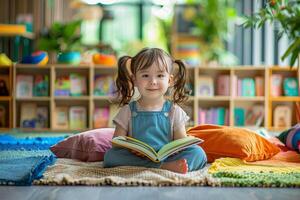 Little girl sitting on the floor in pillows with a book. . photo