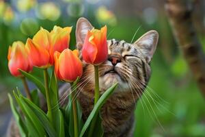 Doméstico atigrado gato con tulipanes . foto