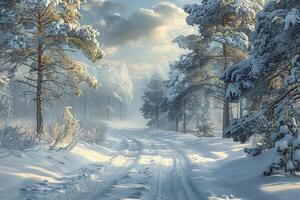 un invernal paisaje con un bosque camino. . foto