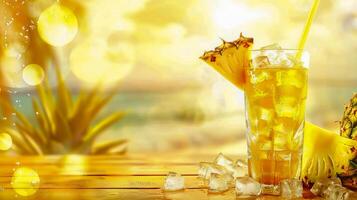 Glass with pineapple juice, pineappleand splashes of water. . photo