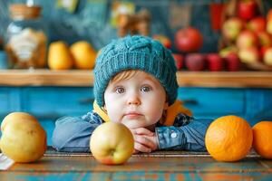 A little cute boy in a knitted hat sits at a table with fruit. . photo