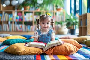 Little girl sitting on the floor in pillows with a book. . photo