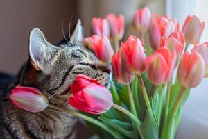 Domestic tabby cat with tulips. . photo