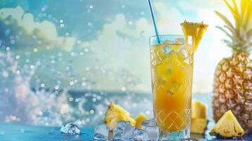 Glass with pineapple juice, pineappleand splashes of water. . photo