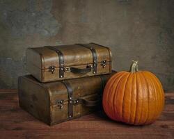 pumpkin and retro suitcases photo