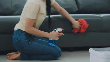 Woman cleaning table using rag and diffuser at home. video