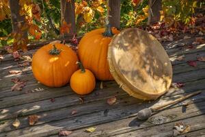 native American style shaman drum with pumpkins on a backyard deck photo