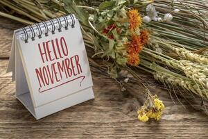 Hola noviembre Bienvenido Nota en un espiral escritorio calendario con floral ramo de flores de seco flores y grano tallos, temporada y calendario concepto foto