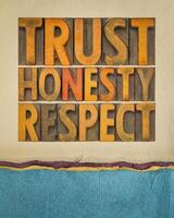 trust honesty and respect word abstract in vintage letterpress wood type on art paper, core values concept photo