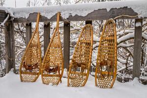 Classic wooden snowshoes, Huron and Bear Paw, in a backyard with snow falling photo
