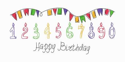 Flags, garlands and numbers with candles in doodle style. Happy birthday, hand lettering, drawings, sketch. Numbers from 1 to 10. Holiday decorations, card design, banner. vector