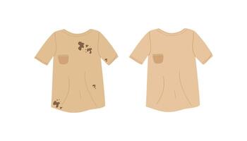 Dirty and clean T-shirts. Clothes stained with dirt and clean washed clothes. Clothes with stains. Caring for clothes. illustration isolated on white background. vector