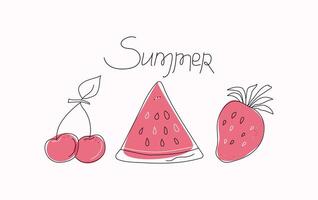 Abstract drawings of fruits and berries. Summer, hand lettering. Strawberry, watermelon and cherry. Line icons with colored spots. Doodles. illustration vector