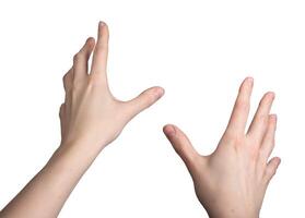 Hands gesturing during VR activity, first person view, isolated on white background photo